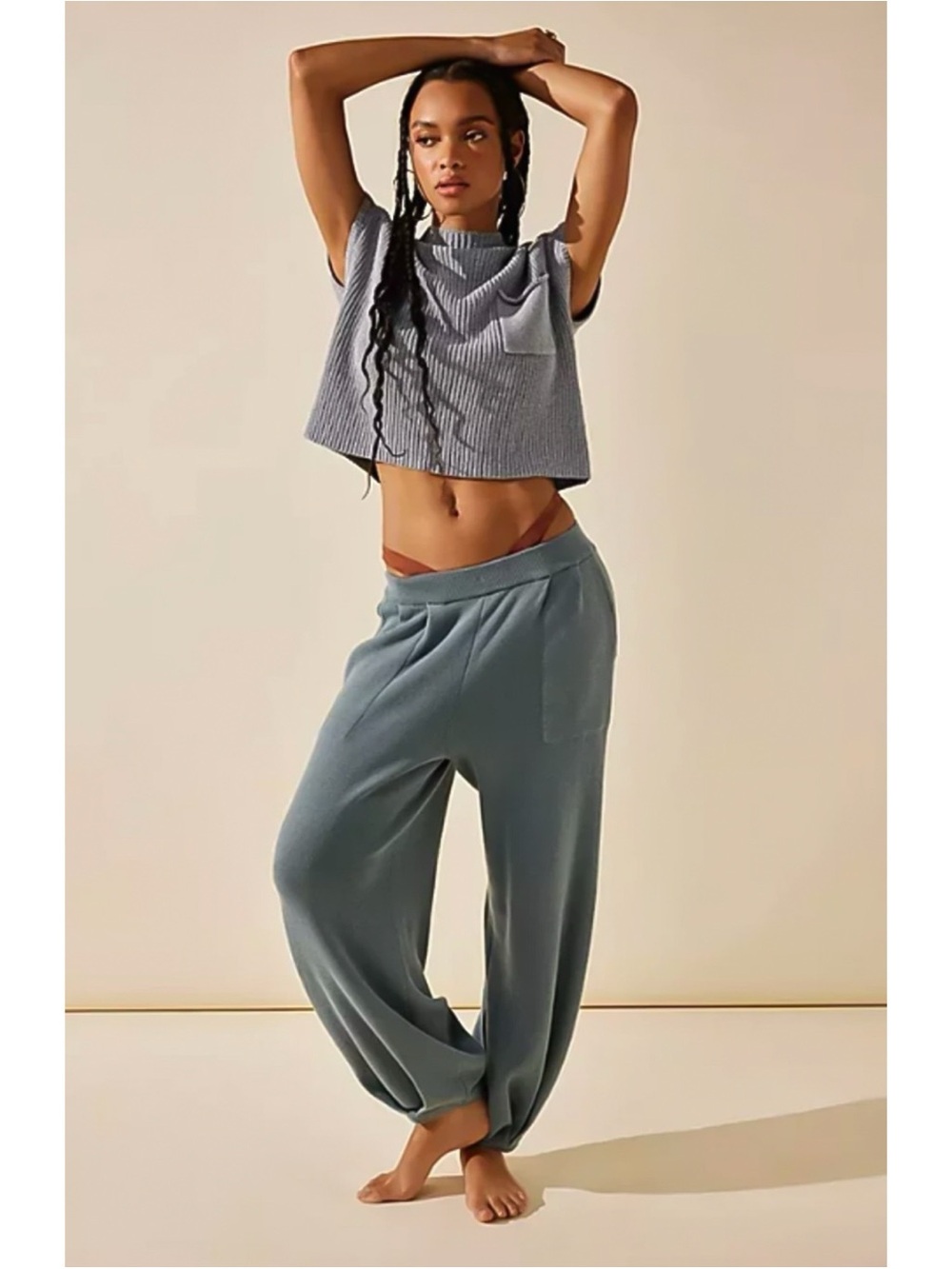 Free People FP Beach Freya Sweater Knit Joggers in Slate Blue Sz Small